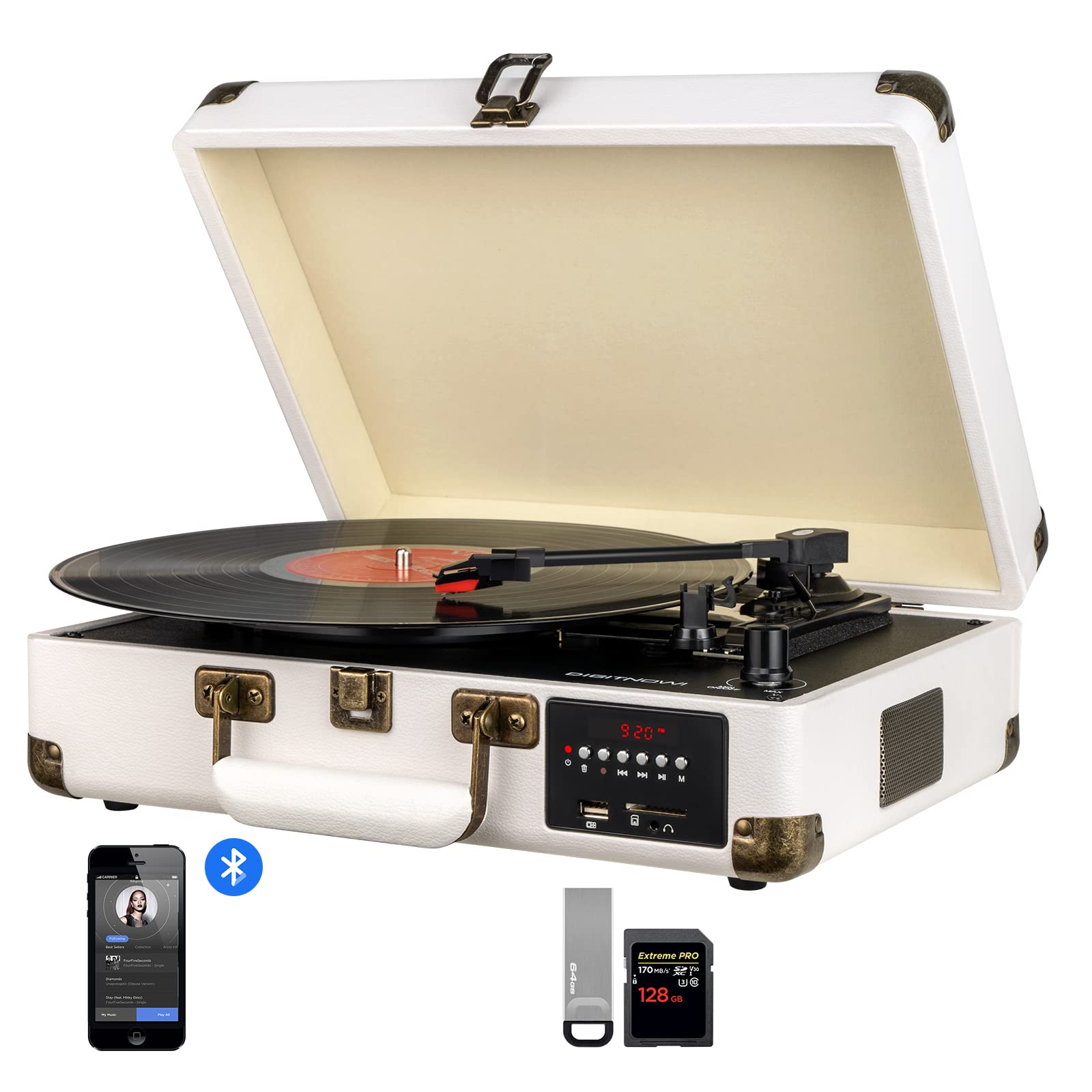 Record Player, Turntable Suitcase with Multi-Function Bluetooth/FM Radio/USB and SD Card Port/Vinyl to MP3 Converter