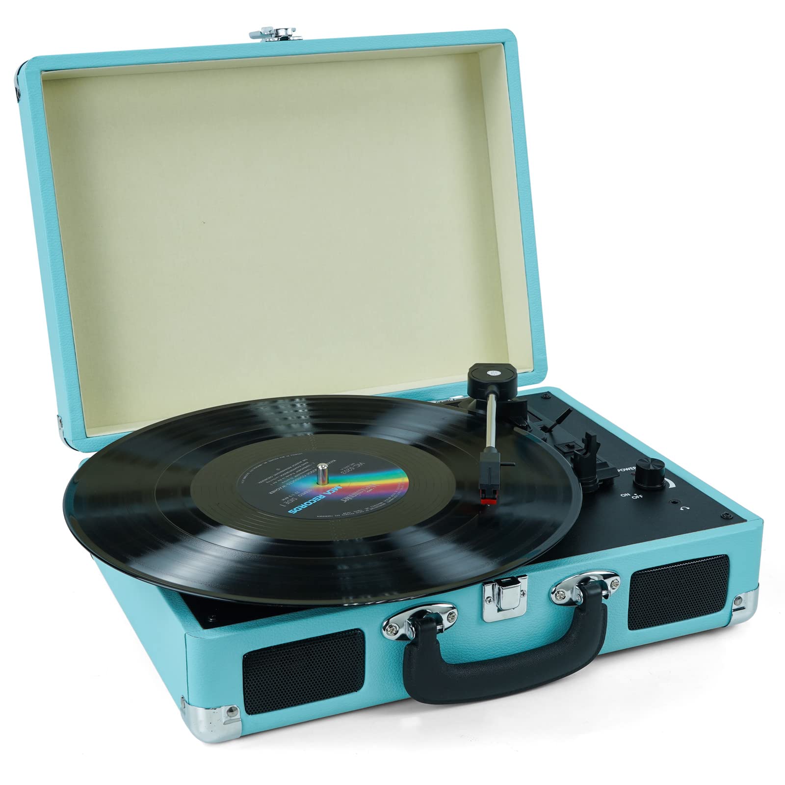 Vinyl Record Player, 3 Speeds Suitcase Portable Record Player with Built-in Speakers, Vintage Belt Driven Turntable with RCA Output/Headphone/Aux in Jack/45 Adapter Blue