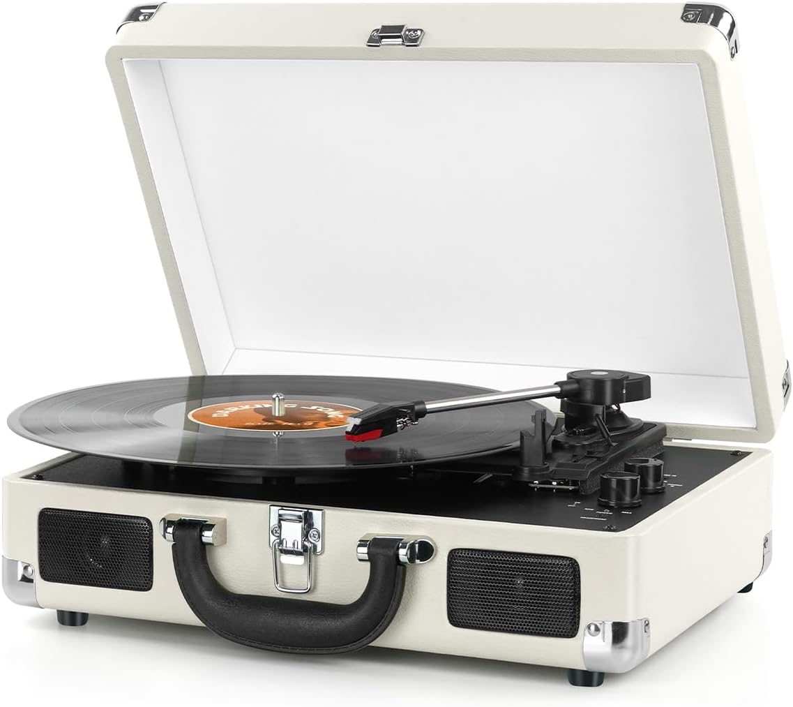 DIGITNOW Vinyl Record Player Wireless Turntable Bluetooth 3-Speed Portable Vintage Suitcase with Built-in Speakers, Includes Extra Stylus, RCA Out, AUX in