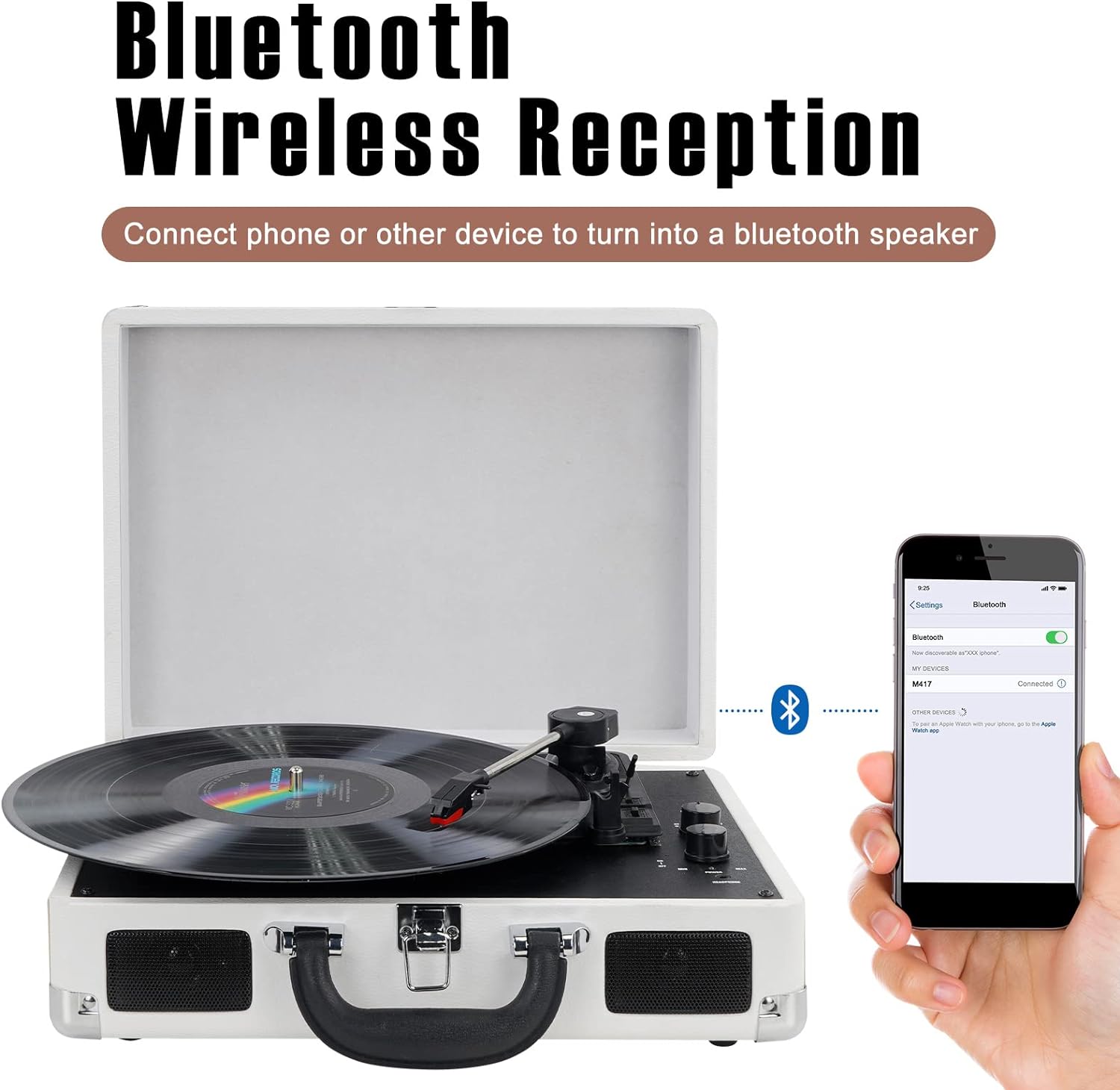  Vinyl Record Player Wireless Turntable Bluetooth 3-Speed Portable Vintage Suitcase with Built-in Speakers, Includes Extra Stylus, RCA Out, AUX in