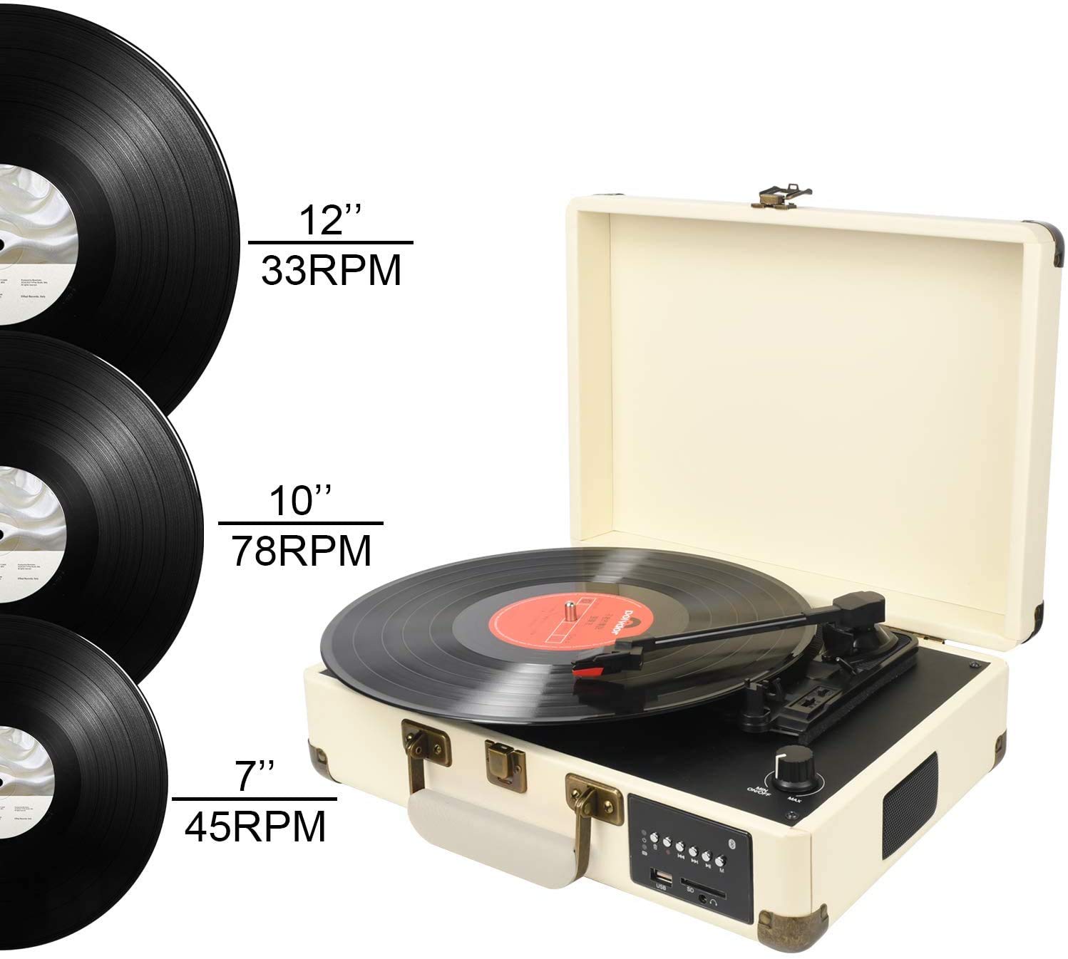 Record Player, Turntable Suitcase with Multi-Function Bluetooth/FM Radio/USB and SD Card Port/Vinyl to MP3 Converter