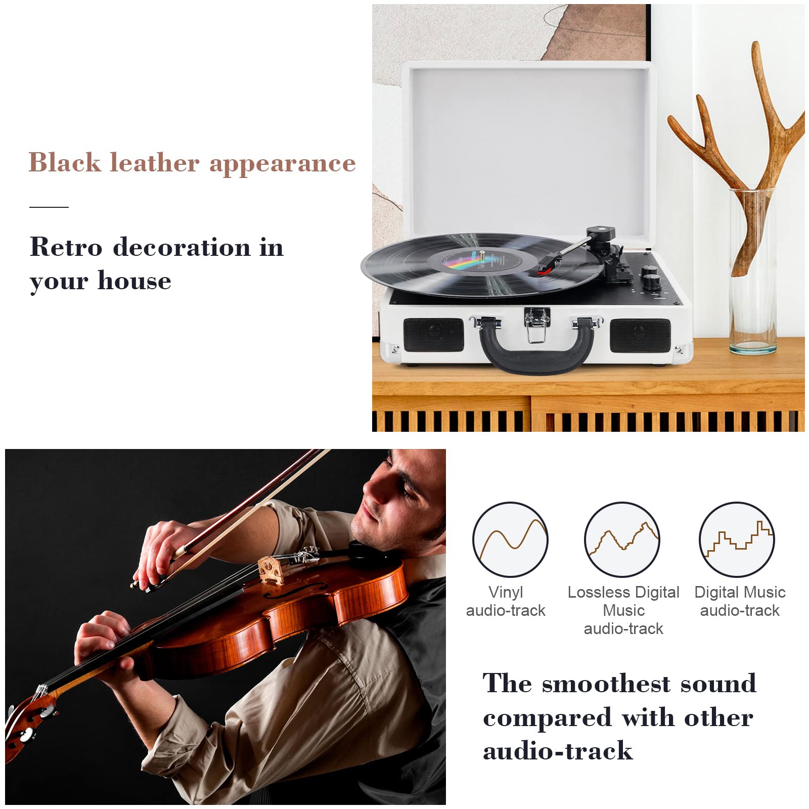 Vinyl Record Player Wireless Turntable Bluetooth 3-Speed Portable Vintage Suitcase with Built-in Speakers, Includes Extra Stylus, RCA Out, AUX in