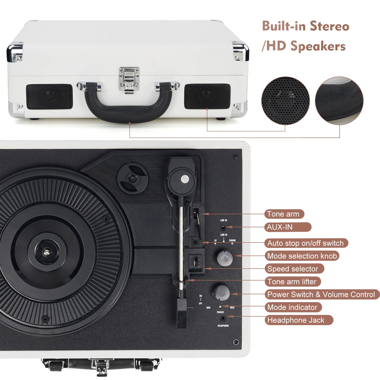 Vinyl Record Player Wireless Turntable Bluetooth 3-Speed Portable Vintage Suitcase with Built-in Speakers, Includes Extra Stylus, RCA Out, AUX in