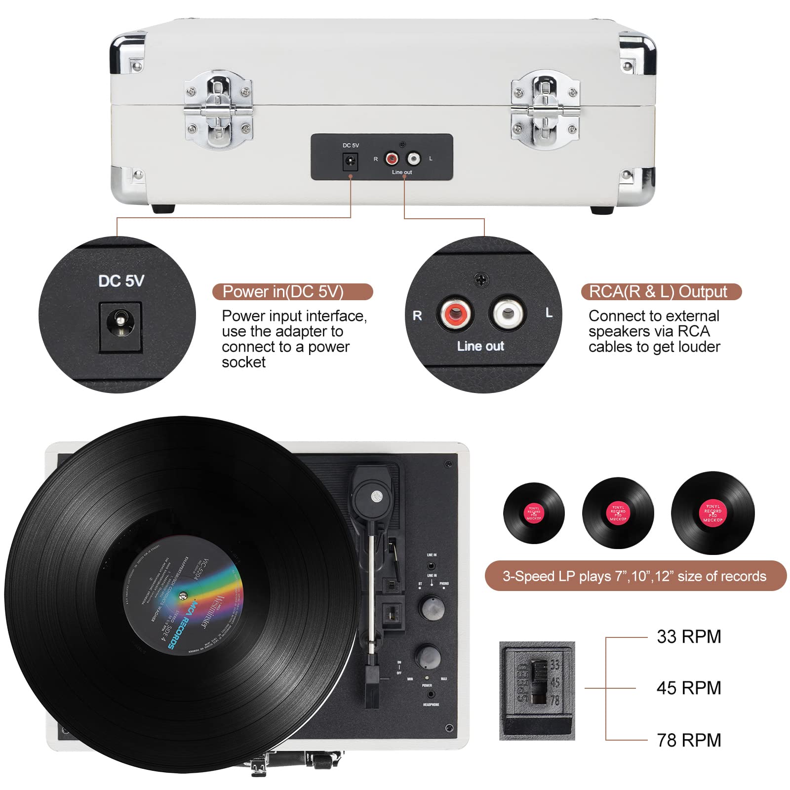 Vinyl Record Player Wireless Turntable Bluetooth 3-Speed Portable Vintage Suitcase with Built-in Speakers, Includes Extra Stylus, RCA Out, AUX in