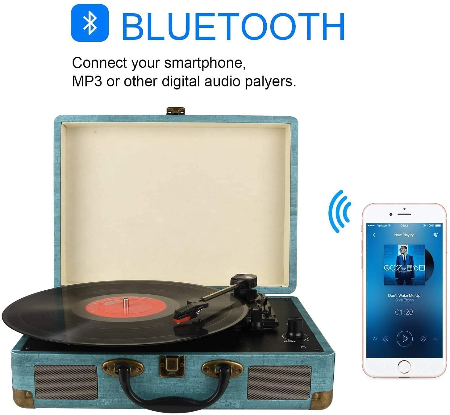 Record Player Vintage 3-Speed Bluetooth Vinyl Turntable with Stereo Speaker, Belt Driven Suitcase Vinyl Record Player