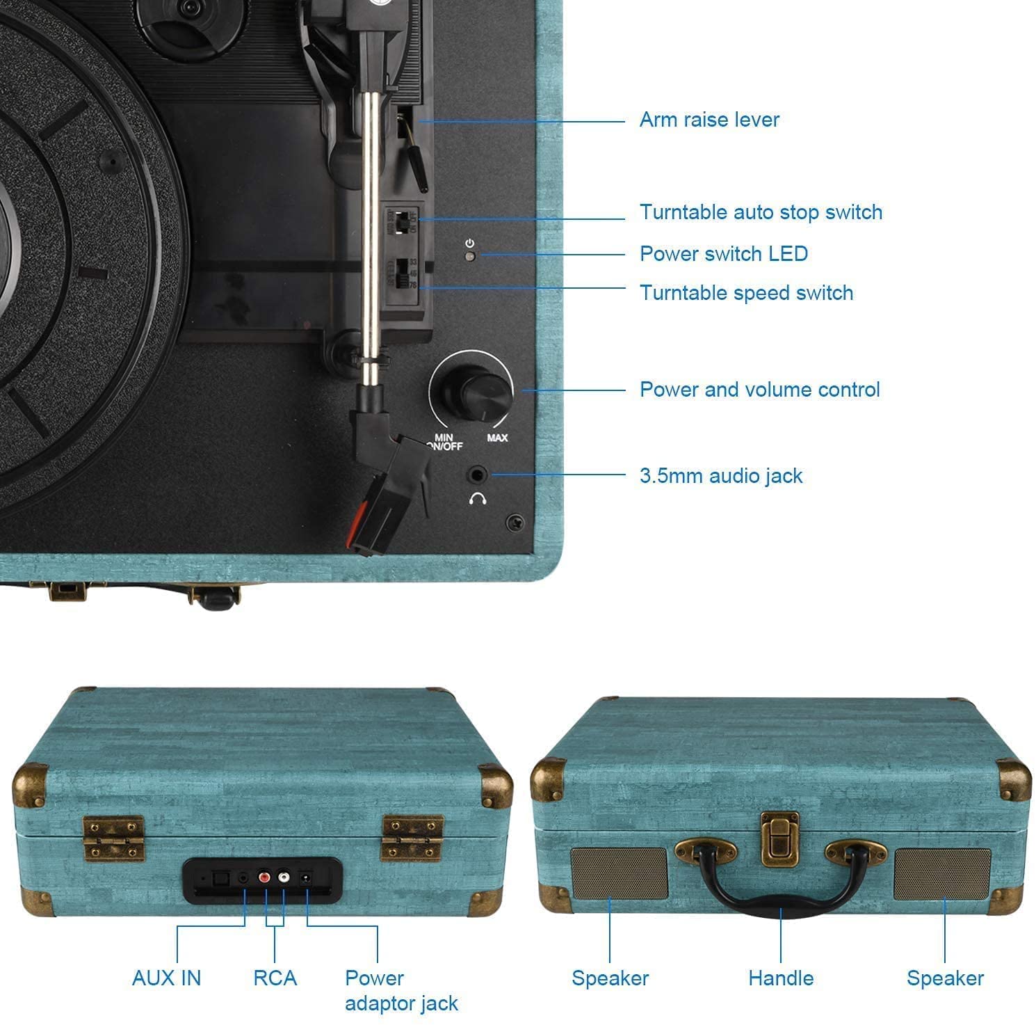 Record Player Vintage 3-Speed Bluetooth Vinyl Turntable with Stereo Speaker, Belt Driven Suitcase Vinyl Record Player