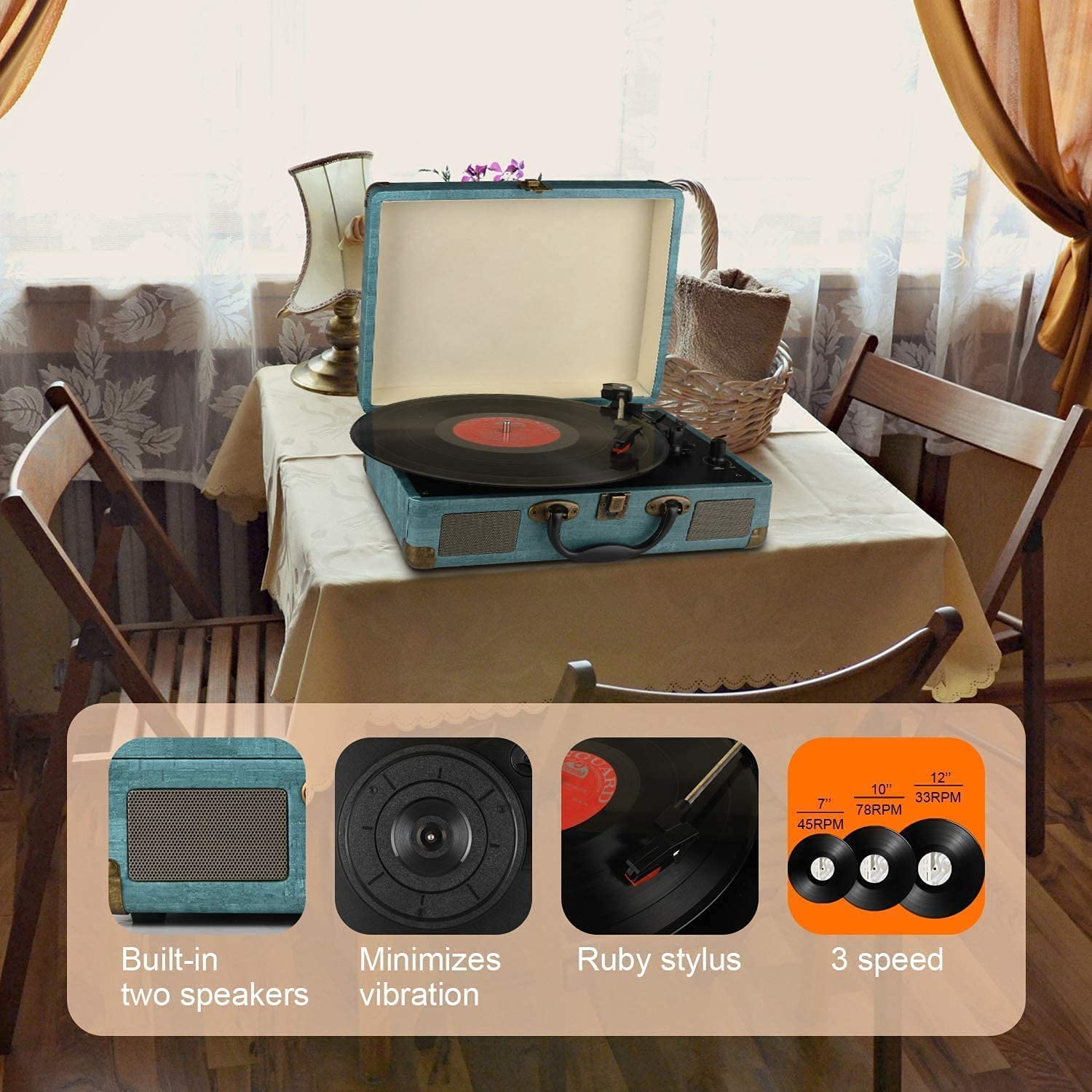 Record Player Vintage 3-Speed Bluetooth Vinyl Turntable with Stereo Speaker, Belt Driven Suitcase Vinyl Record Player
