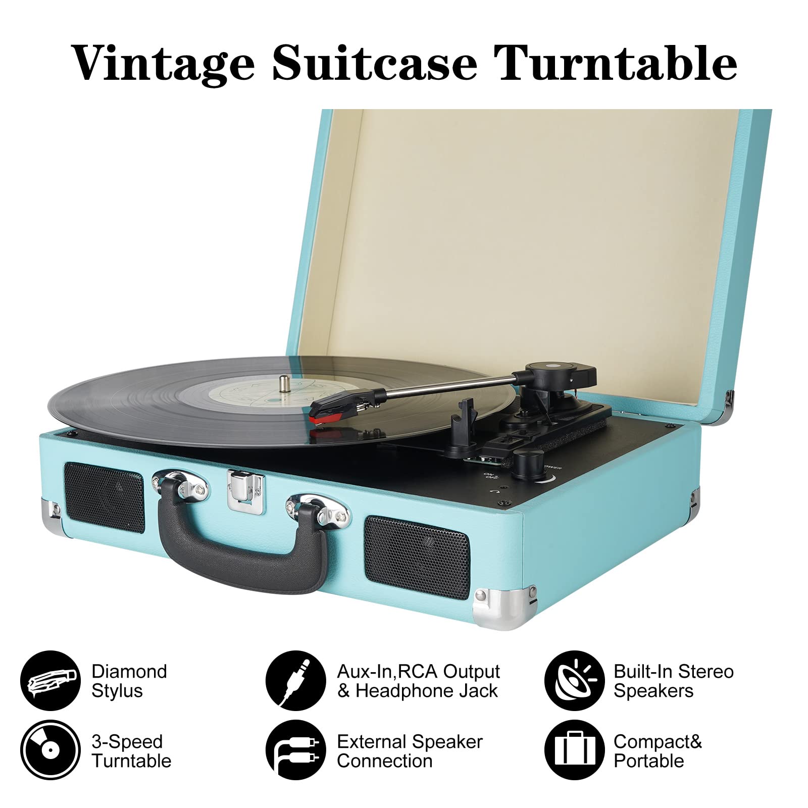 Vinyl Record Player, 3 Speeds Suitcase Portable Record Player with Built-in Speakers, Vintage Belt Driven Turntable with RCA Output/Headphone/Aux in Jack/45 Adapter Blue