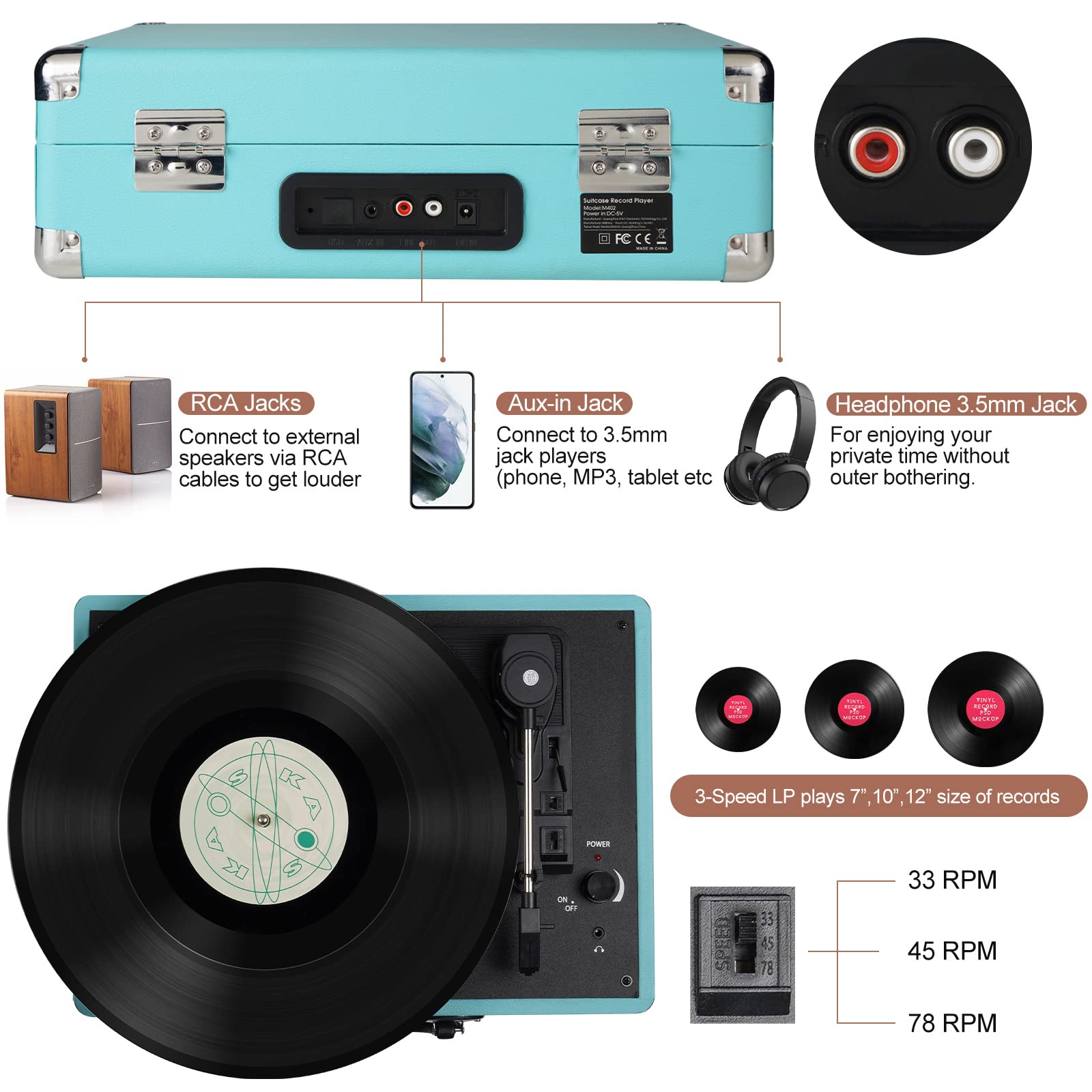 Vinyl Record Player, 3 Speeds Suitcase Portable Record Player with Built-in Speakers, Vintage Belt Driven Turntable with RCA Output/Headphone/Aux in Jack/45 Adapter Blue