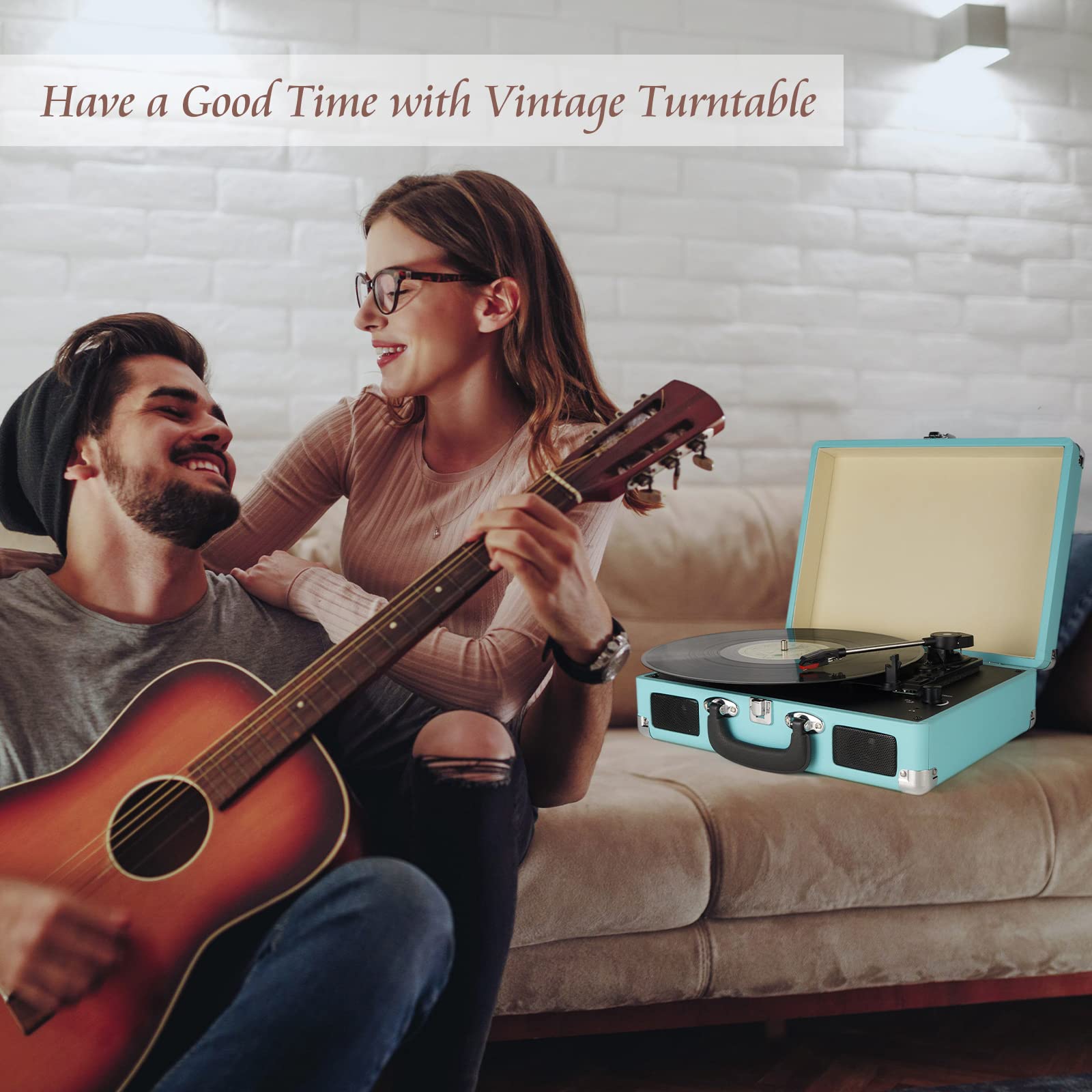 Vinyl Record Player, 3 Speeds Suitcase Portable Record Player with Built-in Speakers, Vintage Belt Driven Turntable with RCA Output/Headphone/Aux in Jack/45 Adapter Blue