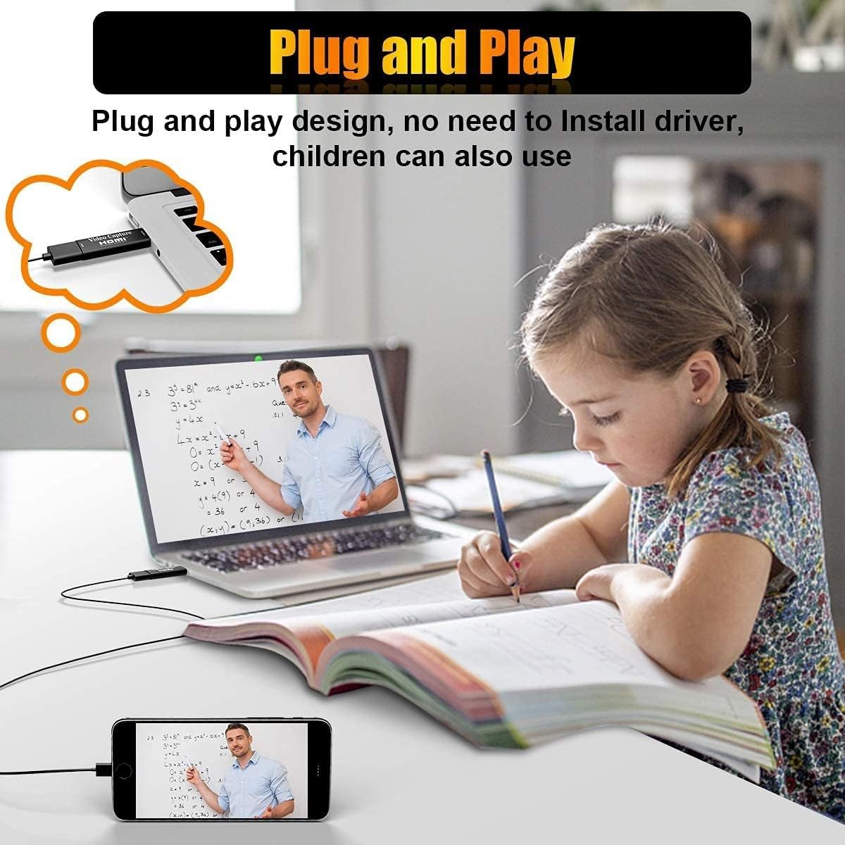  HDMI Video Capture Card, 4K HDMI to USB 2.0 Video Audio Converter, Full HD 1080p for Editing Video/Games/Streaming/Online Teaching