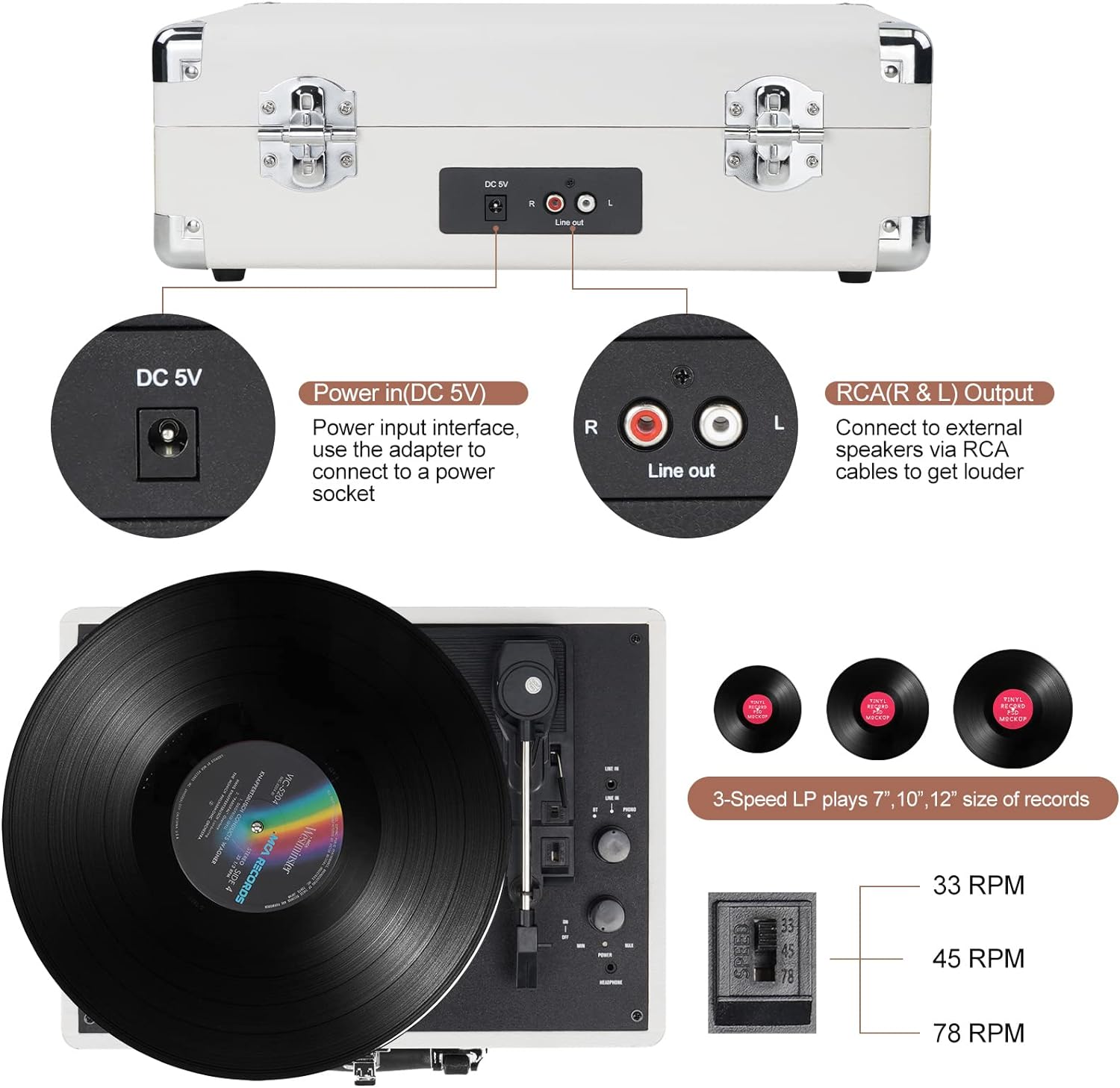  Vinyl Record Player Wireless Turntable Bluetooth 3-Speed Portable Vintage Suitcase with Built-in Speakers, Includes Extra Stylus, RCA Out, AUX in