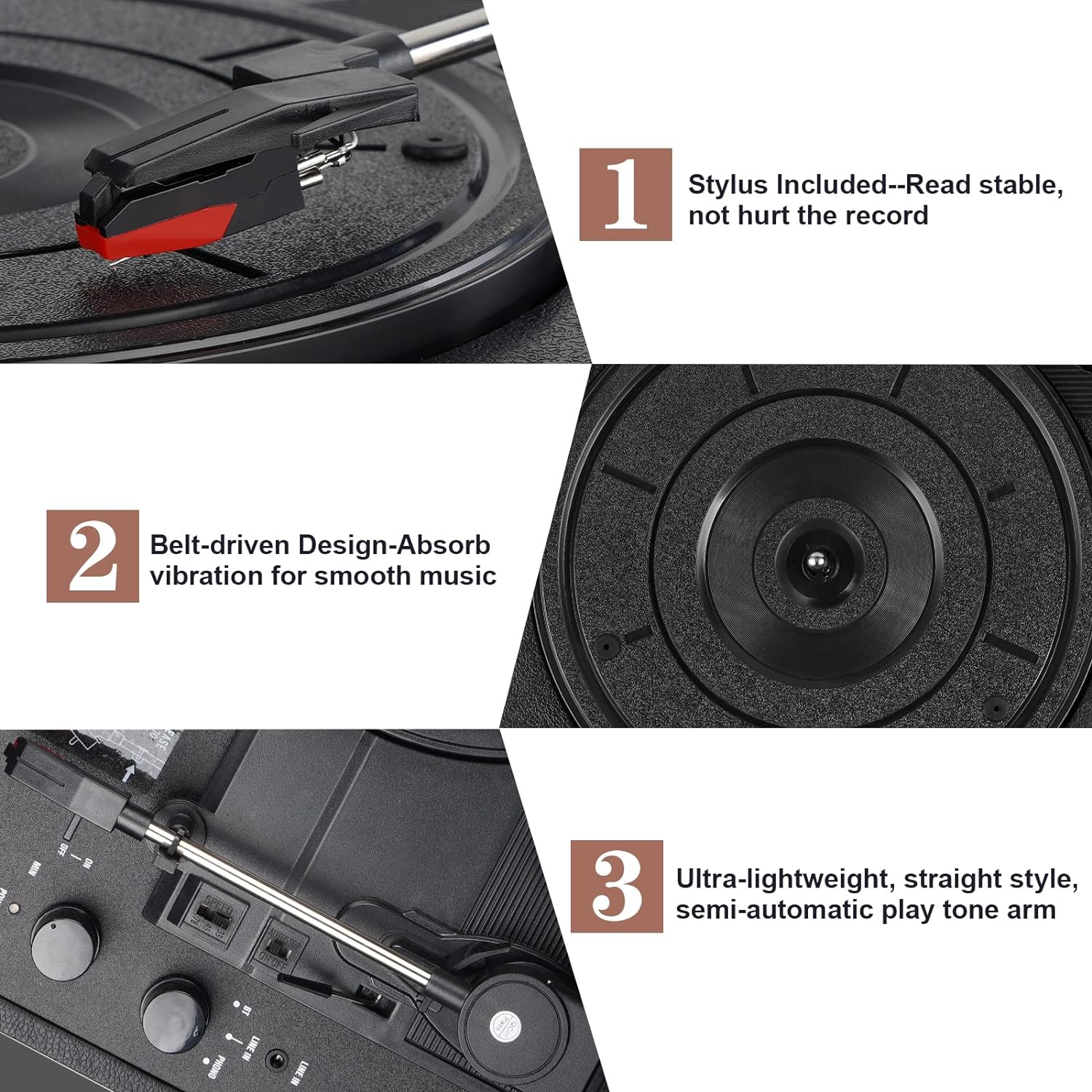  Vinyl Record Player Wireless Turntable Bluetooth 3-Speed Portable Vintage Suitcase with Built-in Speakers, Includes Extra Stylus, RCA Out, AUX in