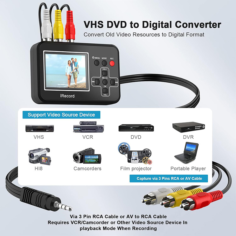 Video to Digital Converter, VHS to Digital Converter to Capture Video from VCR's, VHS Tapes, Hi8, Camcorder, DVD, TV Box and Gaming Systems