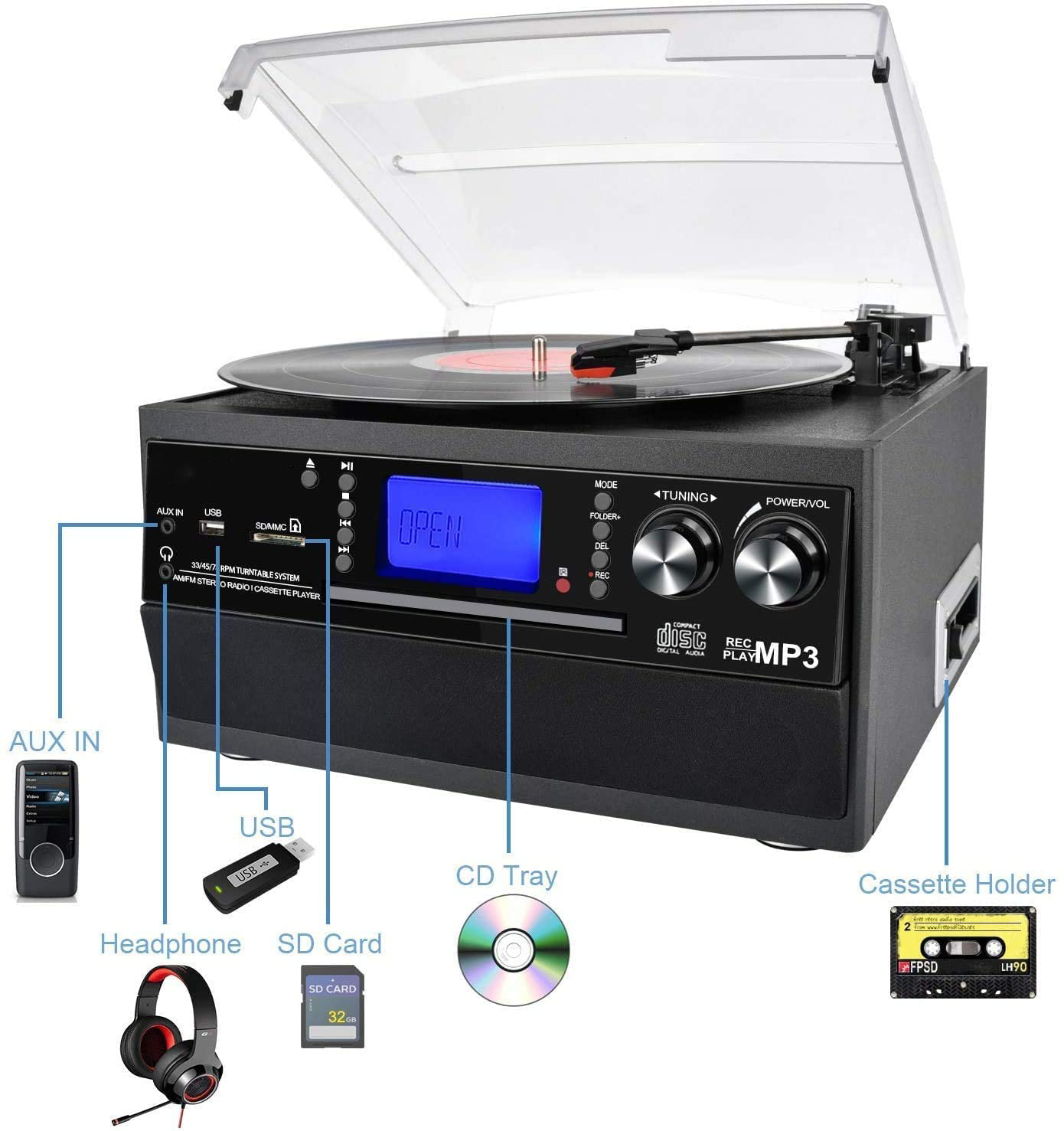Bluetooth Record Player Turntable with Stereo Speaker