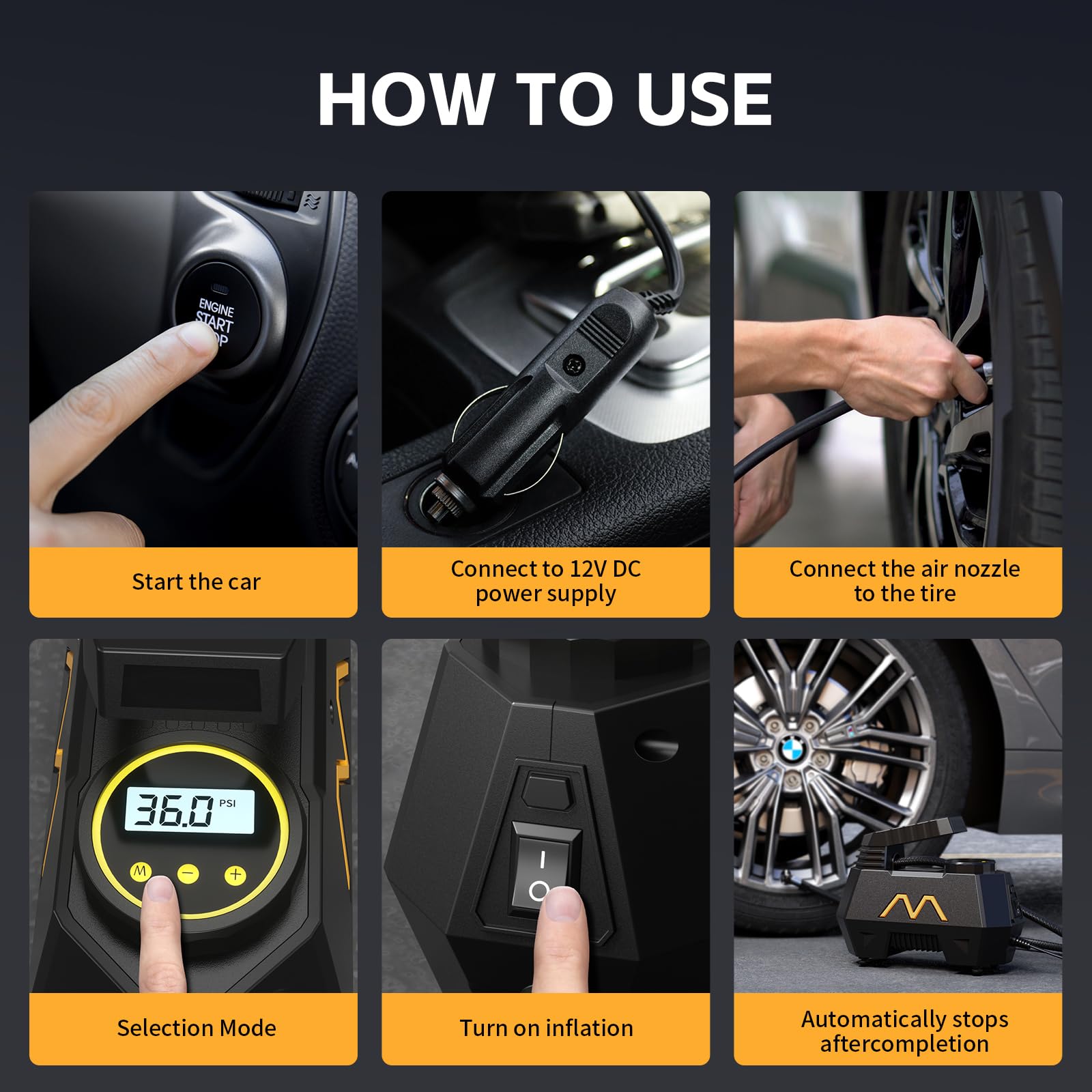 Tire Inflator Portable Air Compressor, DC 12V Air Pump for Car Tires with Digital Pressure Gauge and Emergency LED Light - Car Accessories, Portable Auto Pump for Motorcycles, Bicycle, Ball, Balloon