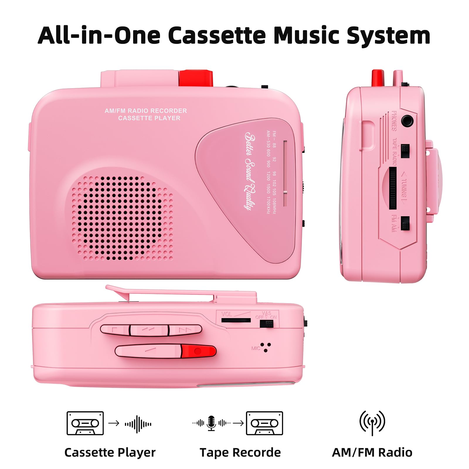 Cassette Player Tape Recorders AM/FM Radio, Portable Tape Player Records Built in Speakers Manual Record - 2AA Battery Or DC 5V Supply with 3.5MM Earphone- Pink