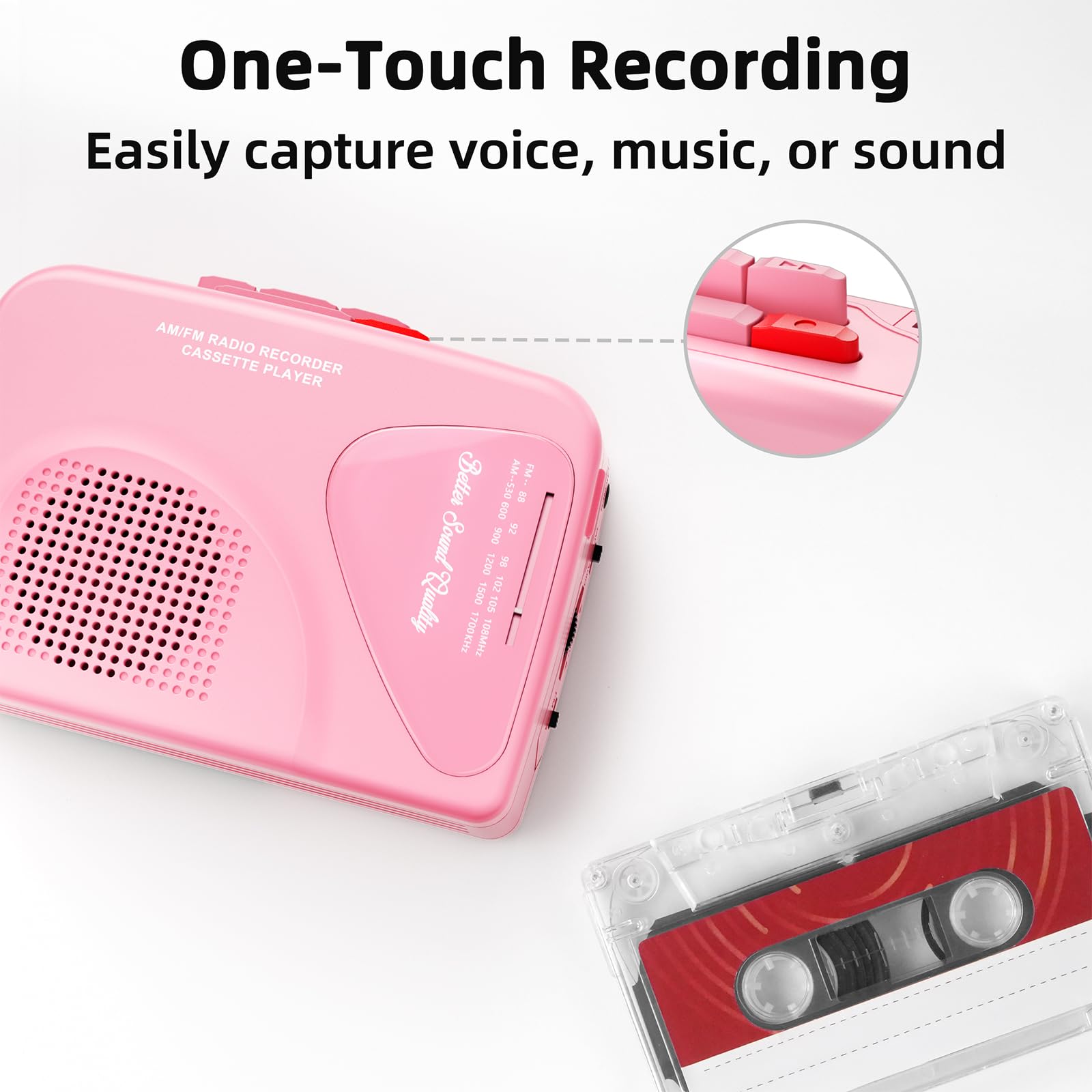 Cassette Player Tape Recorders AM/FM Radio, Portable Tape Player Records Built in Speakers Manual Record - 2AA Battery Or DC 5V Supply with 3.5MM Earphone- Pink