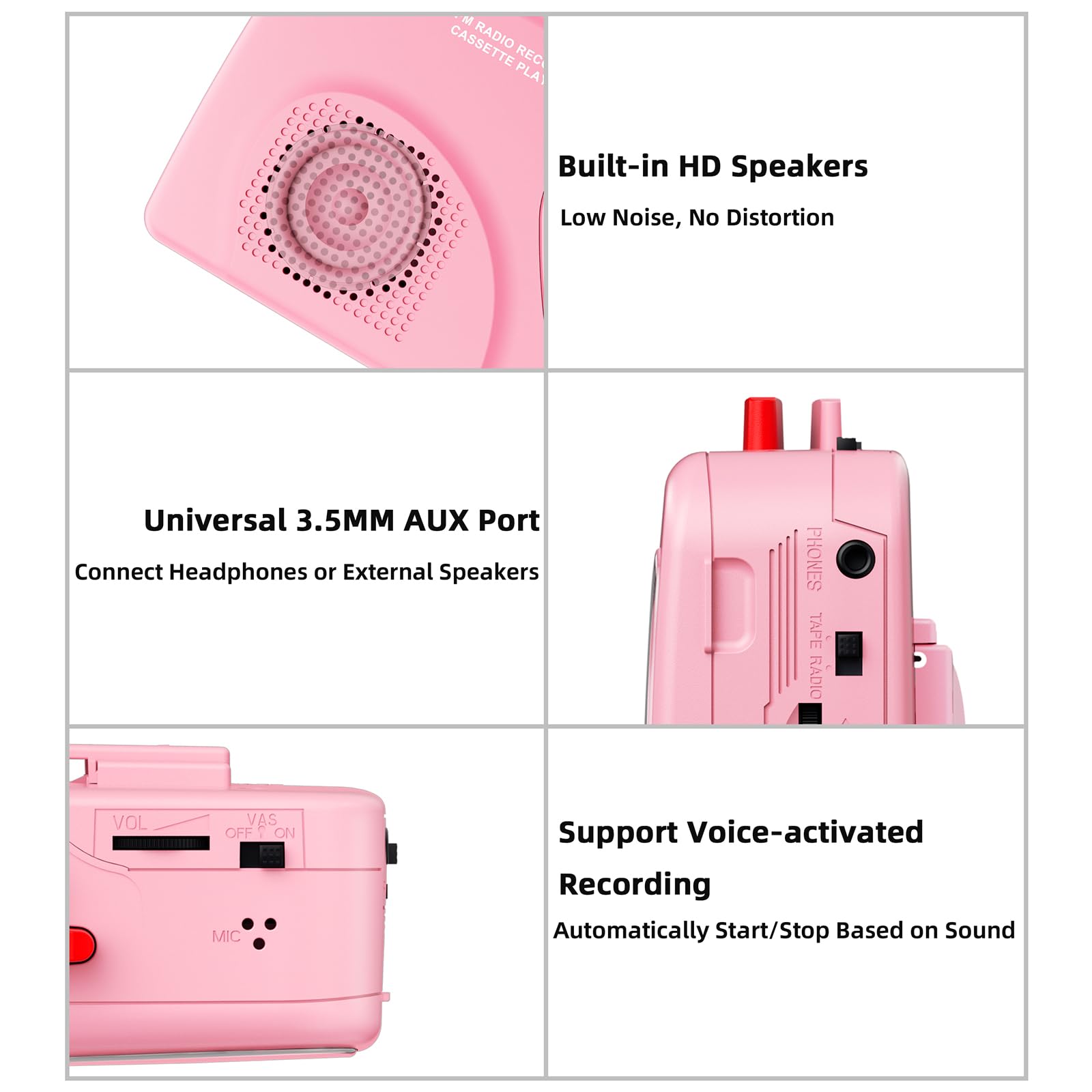 Cassette Player Tape Recorders AM/FM Radio, Portable Tape Player Records Built in Speakers Manual Record - 2AA Battery Or DC 5V Supply with 3.5MM Earphone- Pink