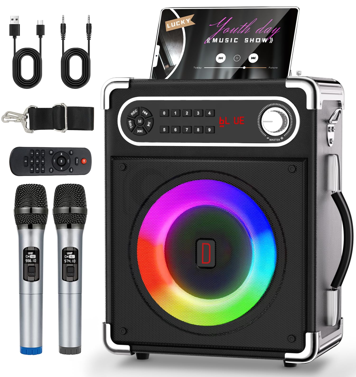 Karaoke Machine, Portable Bluetooth Speaker with 2 Wireless Microphones, Karaoke Microphone with Bass/Treble Adjustment, PA System with Remote Control, Lights, Support USB/TF/REC/FM/AUX/TWS for Party