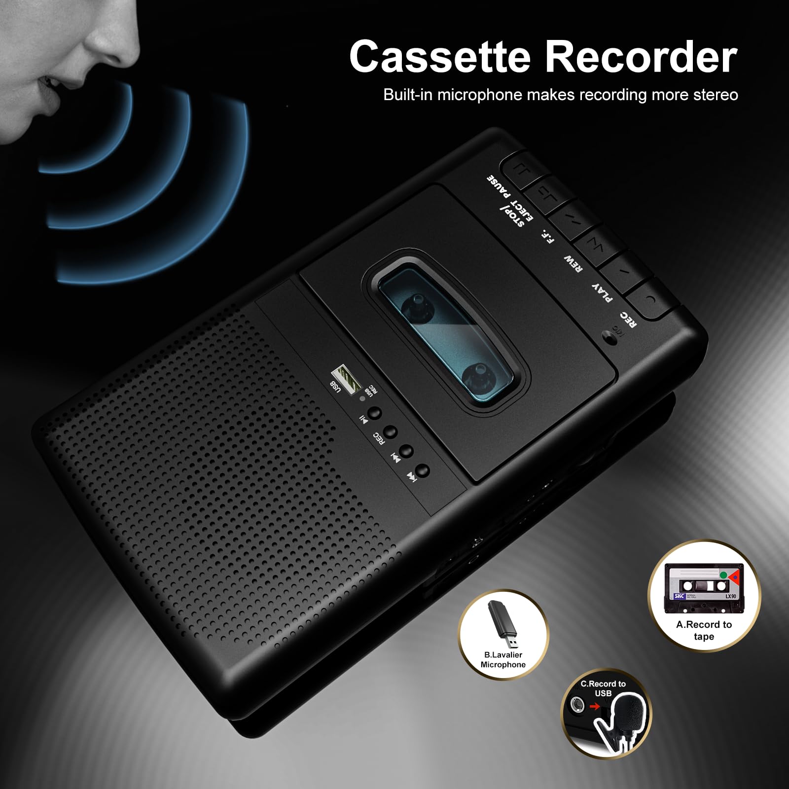 Portable Cassette Player Tape Recorder,Cassette Players Recorder, Cassettes Tape Digital Converter to USB Flash Disk, Built-in Speaker, Retractable Handle, One-Touch Recording(Black)