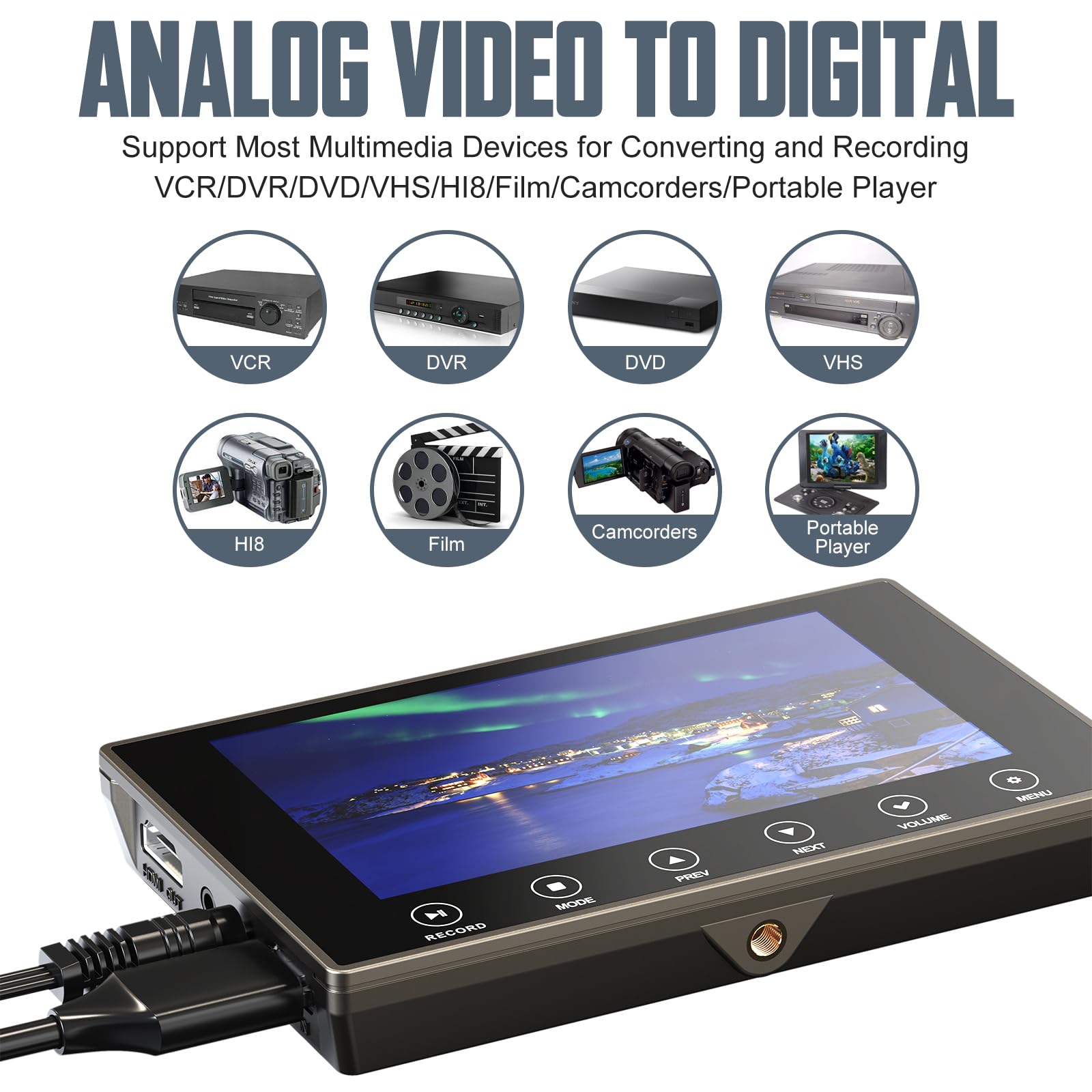 VHS to Digital Converter 3.0, 5" Large Screen Video to Digital Converter, 4K HD Convert VCR HI8 8MM Tapes VHS Player DVD Camcorder Mini DV Cassette Tape Analog to Digital