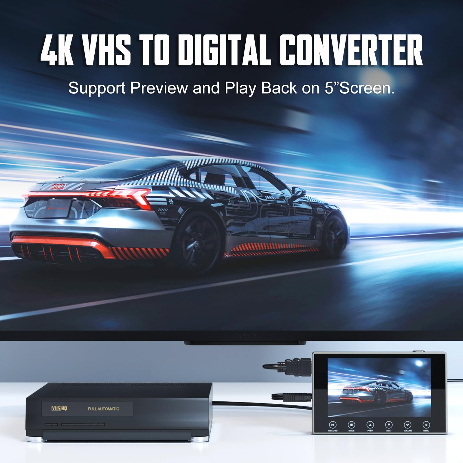 VHS to Digital Converter 3.0, 5" Large Screen Video to Digital Converter, 4K HD Convert VCR HI8 8MM Tapes VHS Player DVD Camcorder Mini DV Cassette Tape Analog to Digital