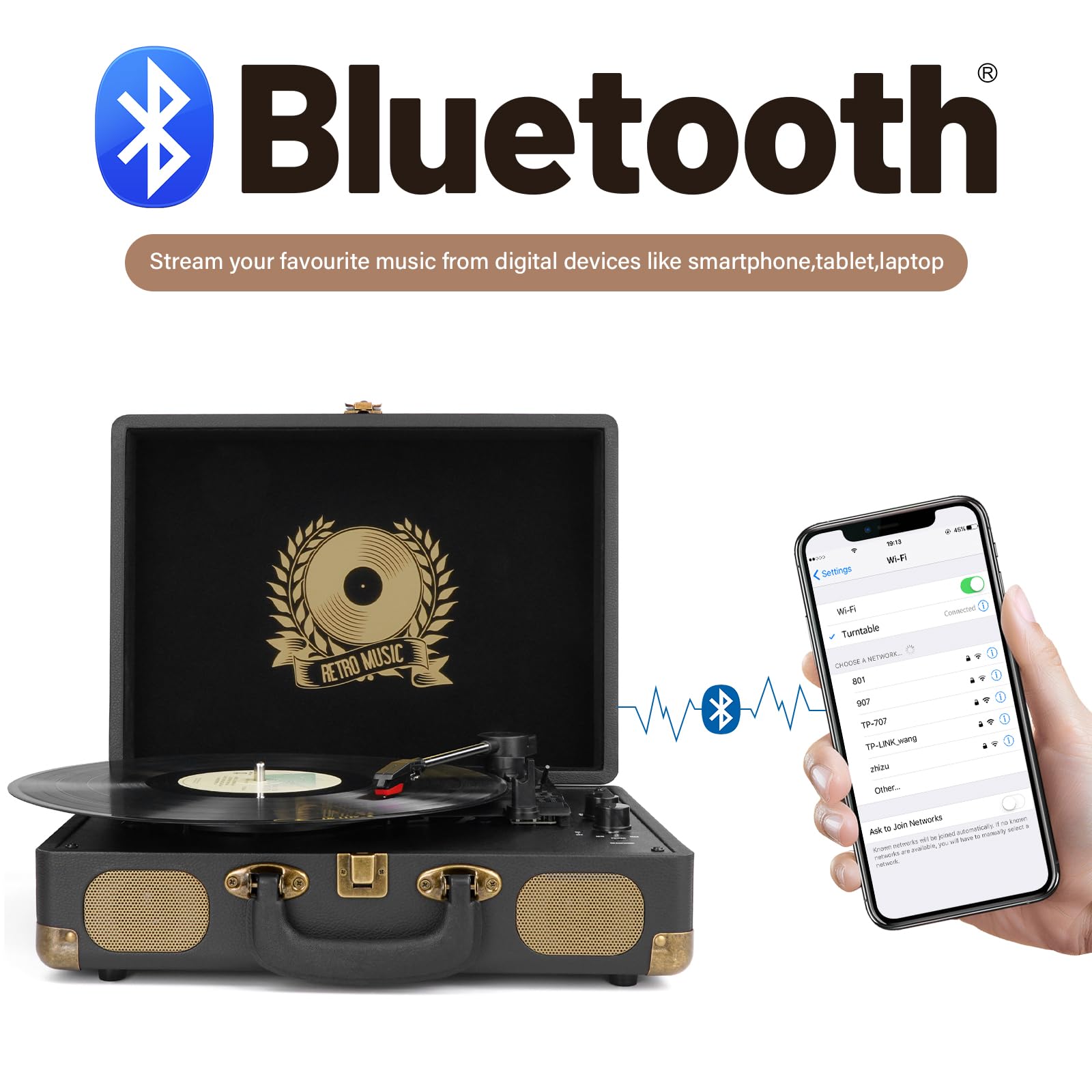 Vinyl Record Player Bluetooth Turntable 3-Speed Suitcase Portable Vintage Belt-Driven Record Player with Built-in Speakers RCA Line Out AUX in Headphone Jack LP Recording to Convert Records to MP3