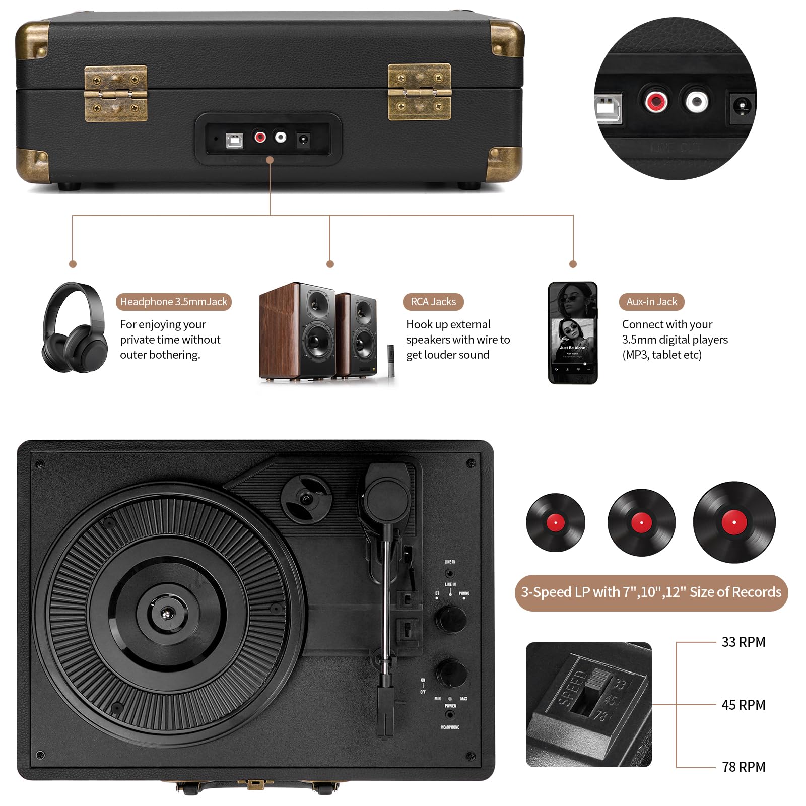 Vinyl Record Player Bluetooth Turntable 3-Speed Suitcase Portable Vintage Belt-Driven Record Player with Built-in Speakers RCA Line Out AUX in Headphone Jack LP Recording to Convert Records to MP3