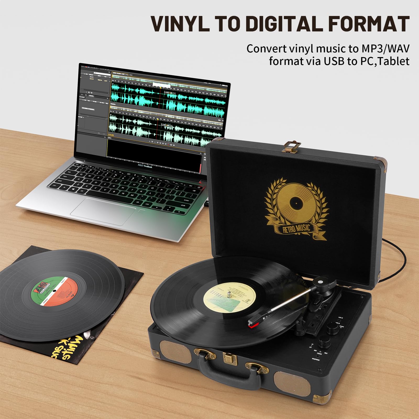 Vinyl Record Player Bluetooth Turntable 3-Speed Suitcase Portable Vintage Belt-Driven Record Player with Built-in Speakers RCA Line Out AUX in Headphone Jack LP Recording to Convert Records to MP3