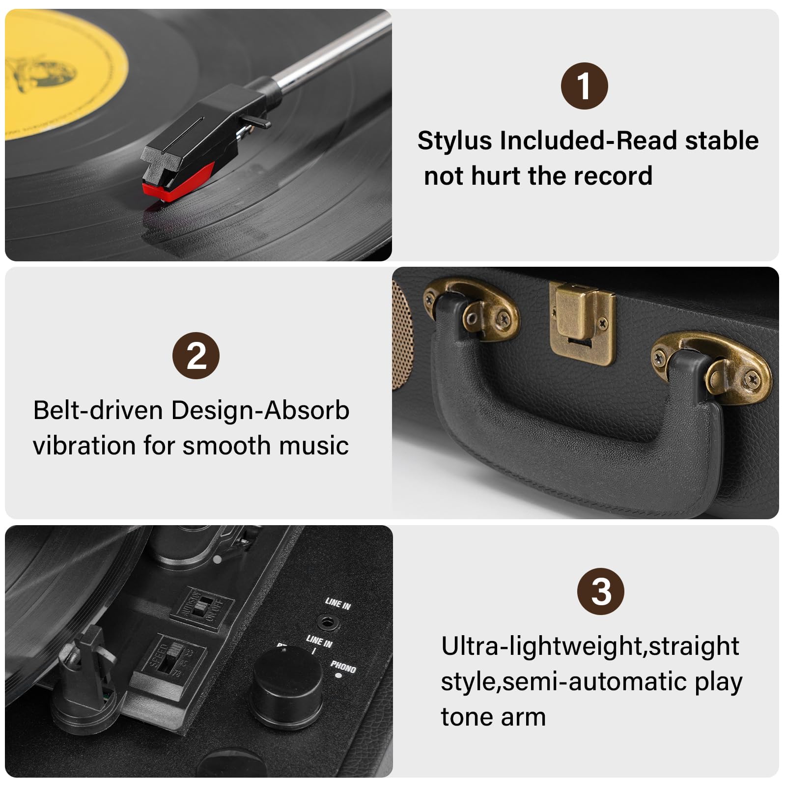 Vinyl Record Player Bluetooth Turntable 3-Speed Suitcase Portable Vintage Belt-Driven Record Player with Built-in Speakers RCA Line Out AUX in Headphone Jack LP Recording to Convert Records to MP3