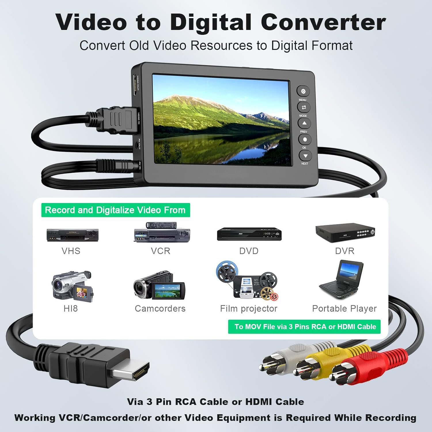 Video to Digital Converter 3.0, VHS to Digital Converter, Video Recorder Capture with 5" OLED Screen, Convert VHS to Digital, AV&HDMI Reocord from VHS, DVD, VCR, Hi8, Camcorders, TV BOX &Gaming System