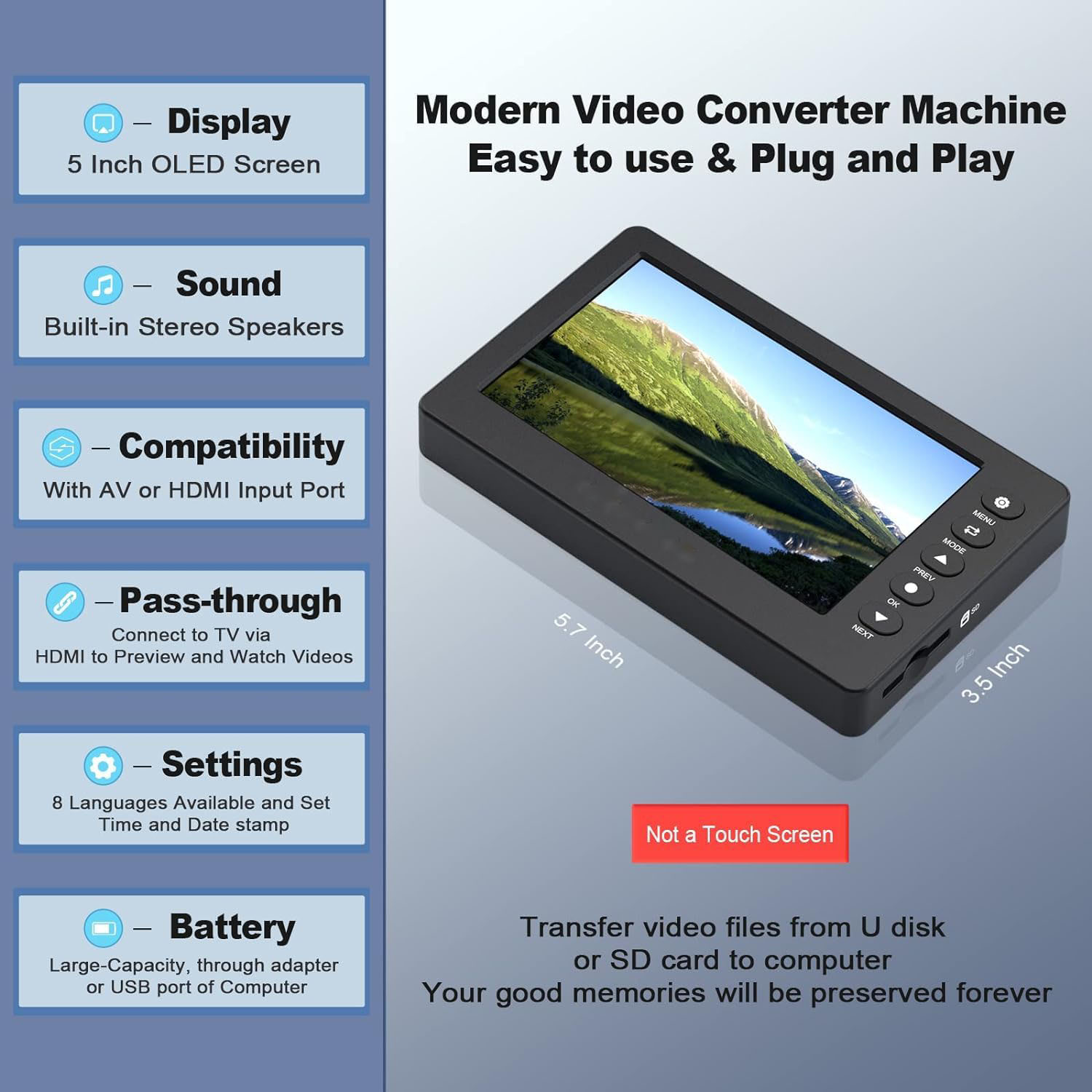 Video to Digital Converter 3.0, VHS to Digital Converter, Video Recorder Capture with 5" OLED Screen, Convert VHS to Digital, AV&HDMI Reocord from VHS, DVD, VCR, Hi8, Camcorders, TV BOX &Gaming System